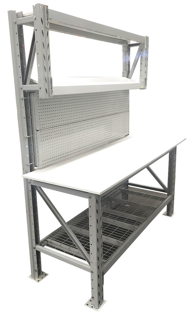 Packing Workbench with Overhead Shelves