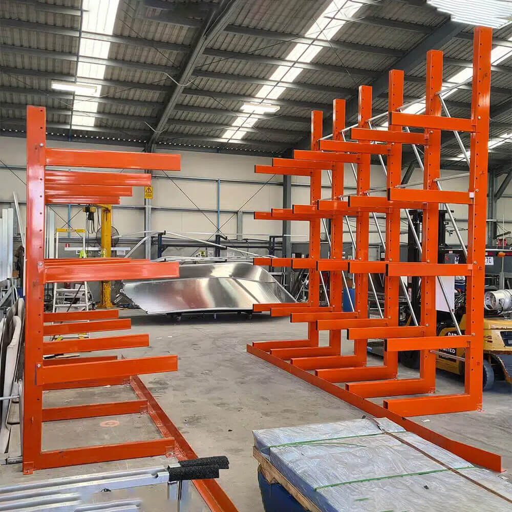 Durable used cantilever racking with multiple arms for efficient storage.