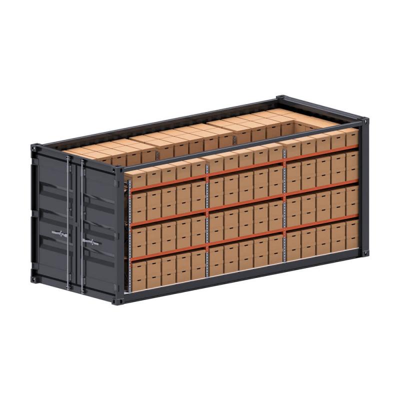 Archive shelving system installed in a 20 ft standard container with mixed bay depths, Inside view of 20 ft container showing bridge bay and 800mm deep shelving configuration, Full-length view of 40 ft high cube container with high-density archive box storage, High cube 40 ft container fully fitted with SPACERACK archive shelving holding archive boxes, Mixed bay depths (400mm and 800mm) configured for maximum storage efficiency, Archive boxes stored neatly across all shelf levels inside a container, End-to-end perspective showing multiple shelving bays installed in a 40 ft container, Interior of a 40 ft high cube container fitted with SPACERACK longspan shelving, configured for high-capacity archive storage using TL50 frames and beams., SPACERACK hook beam installed to create a bridge bay across container doors, maximising storage space at the container entry., Close-up of SPACERACK hook beam connection showing recessed step profile for shelf inset in bridge bay configuration.