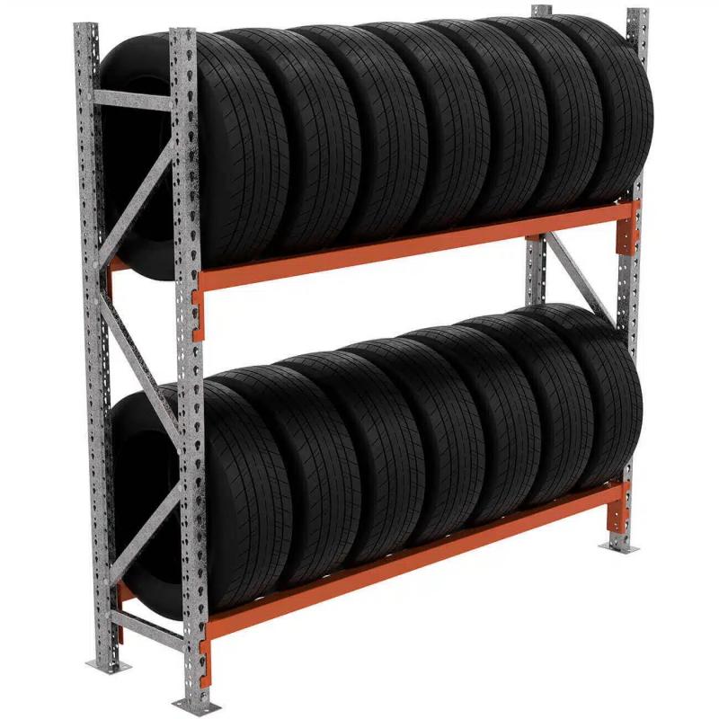 Heavy-duty tyre racking system for organised tyre storage in a warehouse., , , , Wall-mounted vertical tyre rack holding multiple car tyres in a workshop., Tyre racking shelves in a commercial garage, neatly storing various tyre sizes., Empty steel tyre rack ready for warehouse installation., Close-up view of metal tyre rack showing strong, reinforced shelving., 
