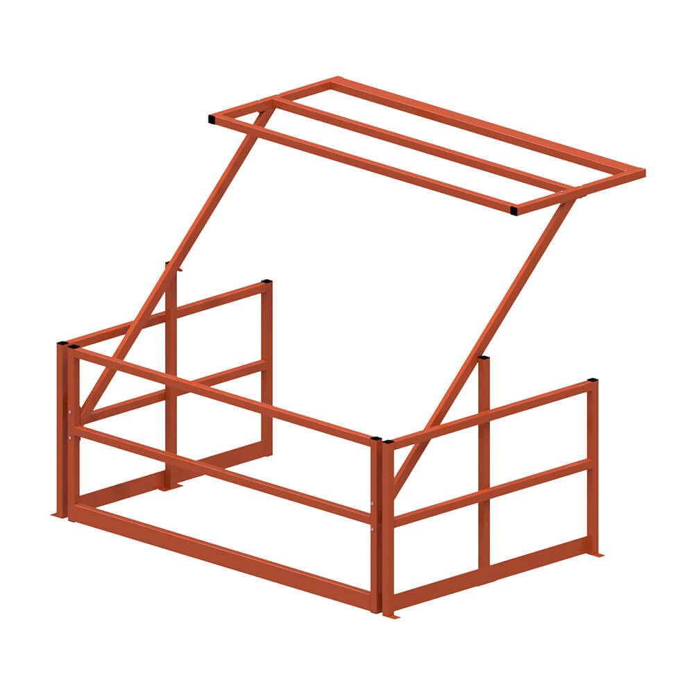 Swing-over safety gate for racking systems to prevent falls or drops.