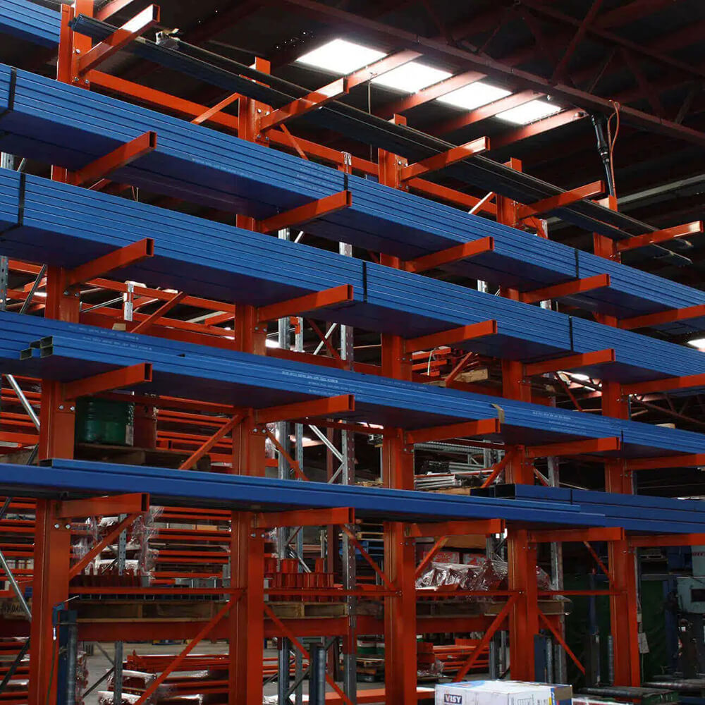 Heavy-duty cantilever racking ideal for storing long and bulky items.
